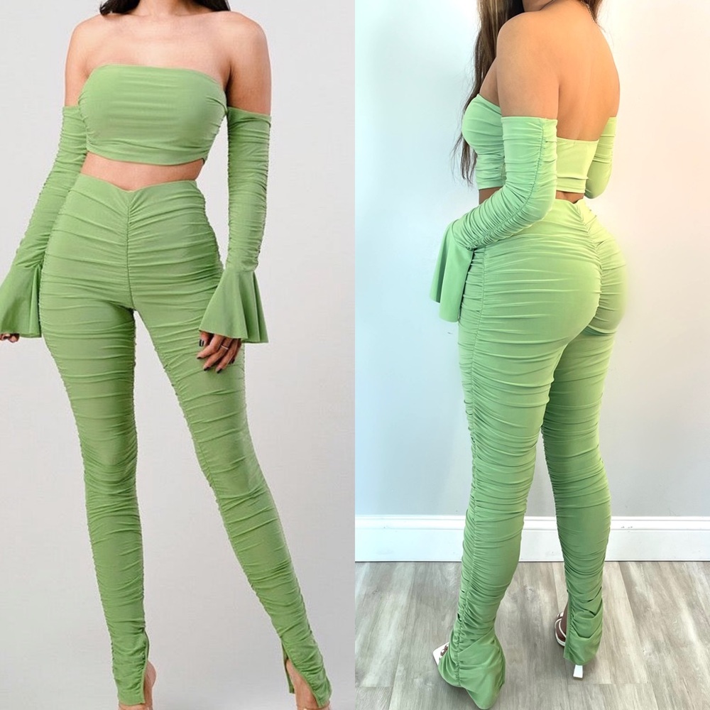 NEW Fashion Sexy SET  bodycon Crop top and pants trendy club wear GREEN